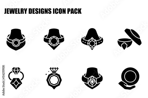 Jewelry designs, various styles for women, simple silhouettes on a plain background. Elegant, timeless designs for fashion and design use.