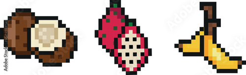 set of three exotic fruit icons in pixel art style, namely banana, coconut and dragon fruit icons, retro 8-bit graphics style with visible square pixels and minimal color palette