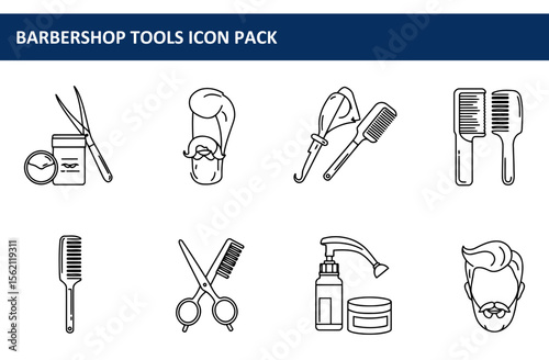 Barbershop tools displayed in a set of simple line art icons. Various tools and products for hair styling in a professional barbershop setting.
