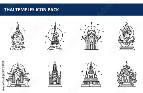 Thai temples icon set in linear style. Architectural representations of temples and figurines with a celestial night sky background.