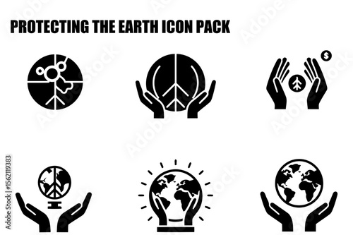 Environmental icons depicting hands protecting the Earth in various ways. Sustainable practices and environmental advocacy concepts with a white background.