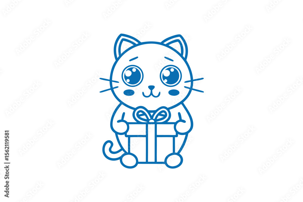 Obraz premium Blue outlined cartoon cat enthusiastically presents a wrapped gift box with a ribbon bow