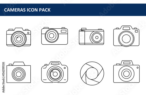 Line art illustrations of various camera models in a graphic design aesthetic. Simple, outline camera styles with different lens and body configurations against a plain white background.