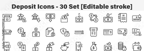 Deposit Icons 30 Set. Line Art Icon Collection. Editable Stroke. Vector Illustration