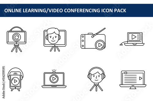 Online learning/video conferencing icon set depicting various devices and people. Simple, linear illustrations of video conferencing, online lessons, and streaming media elements.