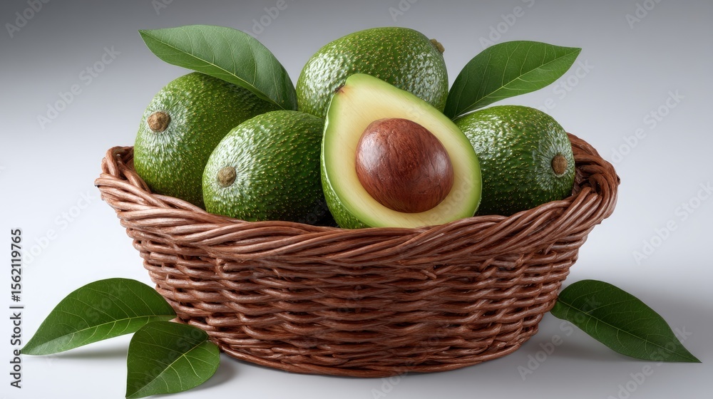 Obraz premium Fresh green avocados arranged in a wicker basket surrounded by leaves, highlighting their natural freshness and healthy appeal
