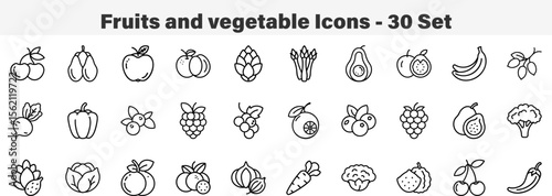 Fruits and vegetable Icons 30 Set. Line Art Icon Collection. Editable Stroke. Vector Illustration