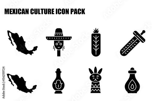 Mexican culture icons in black and white silhouette style.