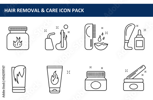Hair removal and care icon set depicting various tools and products. Line art illustrations of hair removal and care products in a simple, modern design.