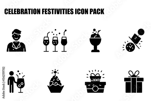 Celebration festivity icon pack. Various celebration icons for events, parties, and occasions, suitable for use in advertising, design, or publishing.