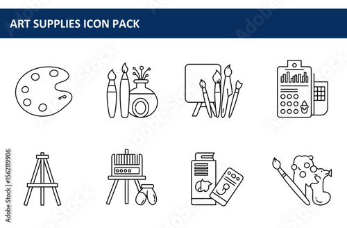 Line art depiction of various art supplies in a studio setting. Collection of tools for artistic expression displayed with a simple style.