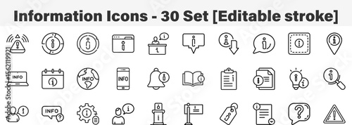 Information Icons 30 Set. Line Art Icon Collection. Editable Stroke. Vector Illustration