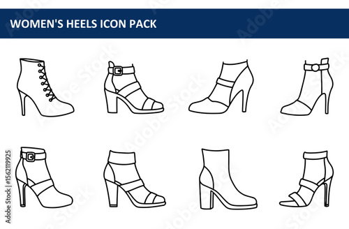 Women's high-heeled footwear styles for various occasions, presented in a flat line art design. Collection of fashionable footwear, featuring ankle boots, and sandals with varied designs.