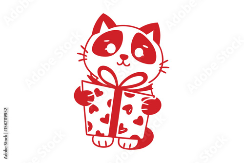 Charming cat illustration happily presents a heart adorned gift with a loving gesture