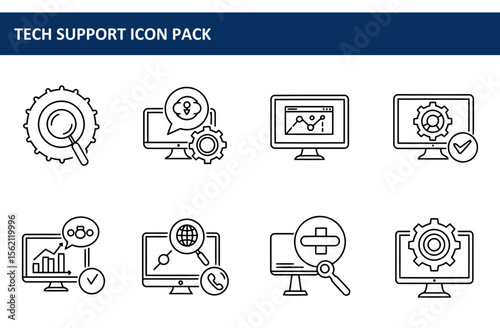 Tech support icon pack showcasing various functions in a simple, clean style. Diverse icons for troubleshooting, customer service, and technical solutions in a modern, accessible design.