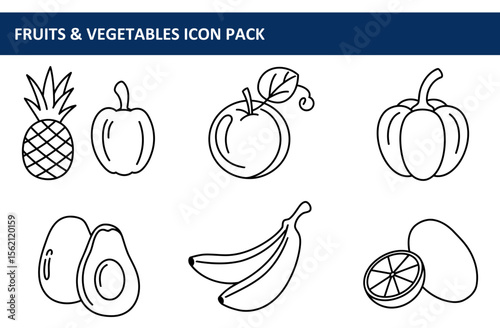 Fruit and vegetable icons in a graphic design. Simple line art representations of various fruits and vegetables in a clean, easily editable style.