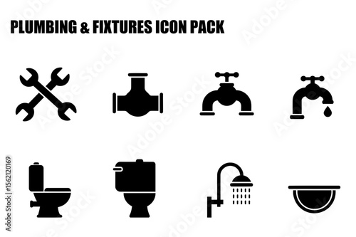 Plumbing and fixtures icons in a simple, black and white style. Various plumbing elements displayed against a white background.