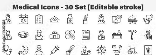 Medical Icons 30 Set. Line Art Icon Collection. Editable Stroke. Vector Illustration