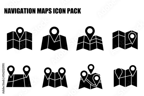 Navigation maps icon pack displaying various map orientations with location markers. Simple, black and white icons set for digital navigation applications.