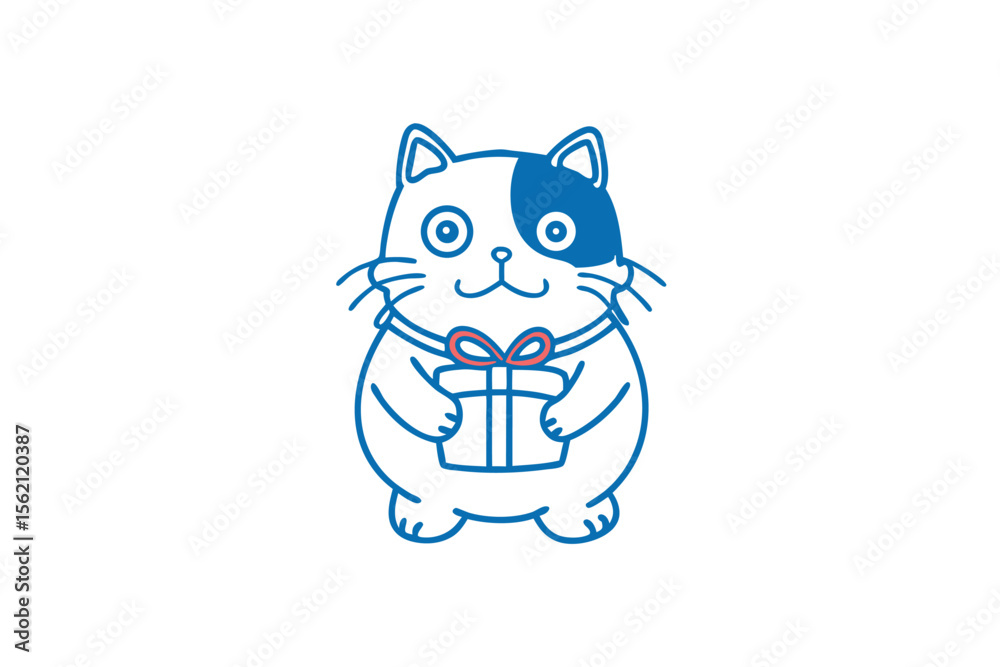 Obraz premium Cute cartoon cat lovingly presents a wrapped gift outlined in blue and red