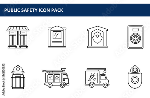 Public safety icons for various services in a simple, outline style. Collection of black and white icons representing police, fire, and security services.
