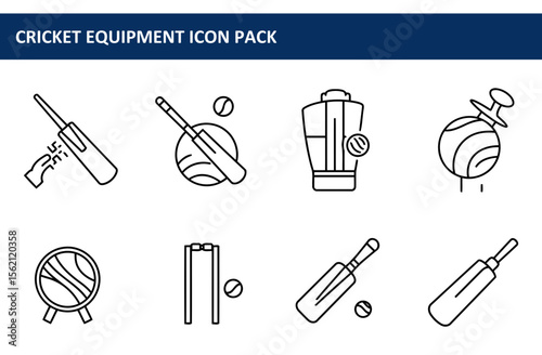 Cricket equipment icons in a flat style. Various cricket equipment displayed in a sport context. Professional sports equipment icons. cricket.