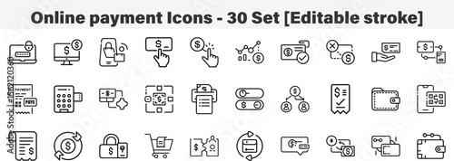 Online payment Icons 30 Set. Line Art Icon Collection. Editable Stroke. Vector Illustration
