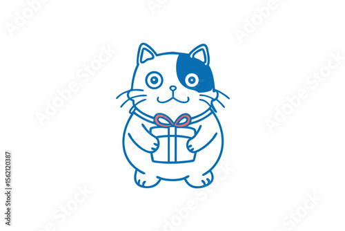 Cute cartoon cat lovingly presents a wrapped gift outlined in blue and red