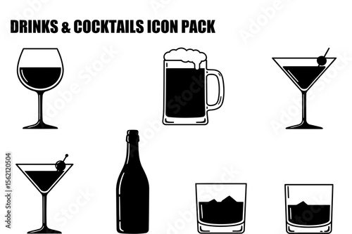 Drinks and Cocktails Icon Pack featuring various alcoholic beverages in a simple, stylized graphic design.