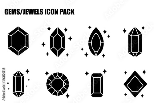 Gem/jewel icon pack displaying various cuts and shapes. Silhouette images of gems with sparkling highlights in a graphic design style.
