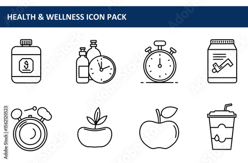 Health and wellness icon set featuring various elements in simple, line art style. Collection of icons depicting fitness, nutrition, and well-being for general use.