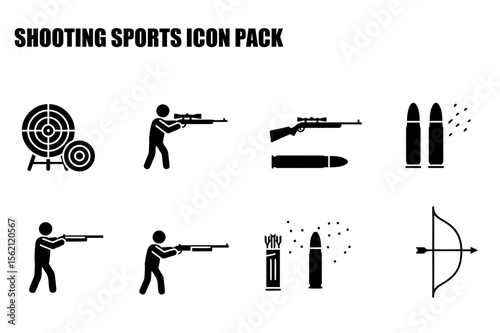 Shooting sports icons depicting various actions and equipment. Generic figures in shooting poses with rifles, shotguns, and targets.