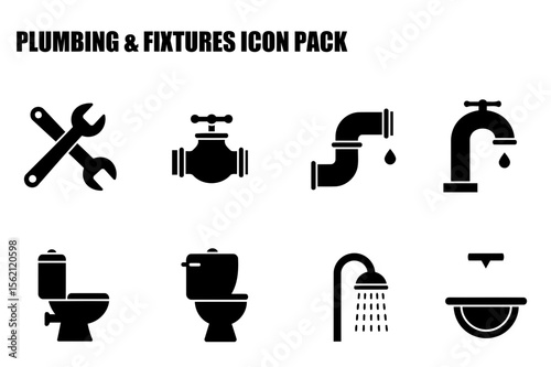 Plumbing & Fixtures Icon Set with various household elements. Simple, black and white graphic icons for plumbing and fixtures in a domestic setting.