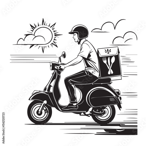 Vector art of a casual food deliveryman on a scooter with a box, isolated on white background