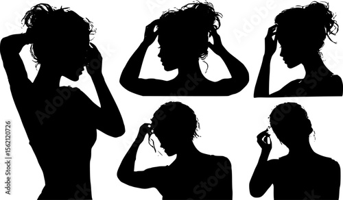 Set of five silhouettes of a woman adjusting her hair in different poses