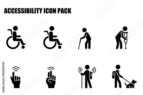 Accessibility icon pack depicting various disabilities and assistive technology. Diverse people with physical challenges and aid are presented in a simple, illustrative manner.