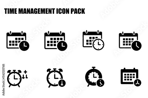 Time management icon pack with various time management related symbols. Flat design icons of calendars, clocks, and alarm clocks on a white background.