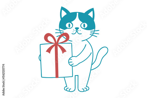 Cartoon cat lovingly holding a red ribboned gift box with both paws