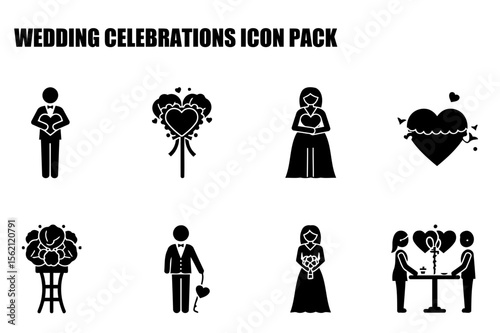 Wedding celebration icons featuring couples in formal attire and various wedding elements.
