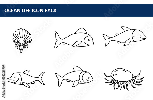 Ocean life icons in various forms, diverse aquatic species in simple line art. Simple illustrations of marine animals posed for display in a clear, organized layout.