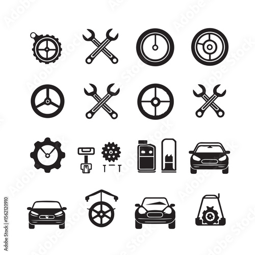 Vector art of a set of black car repair and maintenance icons isolated on white background