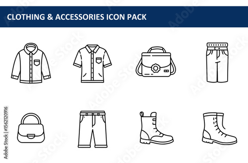 Line art illustration of various clothing and accessories. Collection of everyday fashion items with no specific demographic, in a simple, graphic style.
