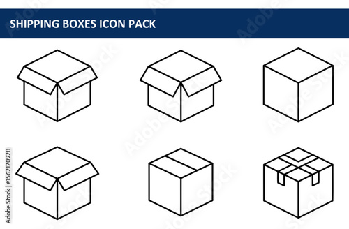 Shipping box icons in various states. Simple line art of open and closed boxes with different configurations.