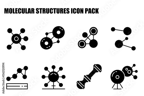Molecular structures icon pack showing various interconnected shapes in a flat design. Simple representations of atomic structures with a scientific theme.