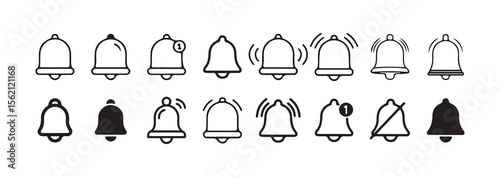 Notification Bell Icons Set. Alert, Ringing, Silent, and Muted Symbols Collection. Victor illustration eps 10