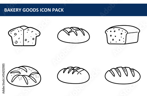Bakery goods icons with various types of bread and a loaf of bread in a simple, outlined style. Collection of bakery items for use in a cookbook or recipe.