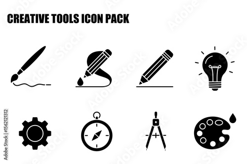 Creative tools icon set with diverse graphic elements. Simple black and white illustrations depict a variety of tools used in creative fields, including drawing, painting, design, and more.
