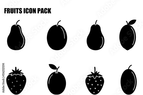 Fruit icons with various types of fruit in a graphic design format. Simple black and white icons of pears, plums, lemons, strawberries, and plums on a plain background.