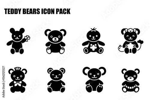 Teddy bear icons in various styles in a kid's product collection. Silhouettes of teddy bears in different poses and outfits against a plain background.