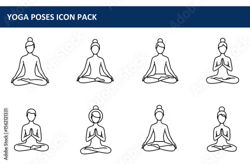 Yoga poses icon set of various individuals in meditative lotus positions. Outline illustrations of individuals in yoga poses on a white background.